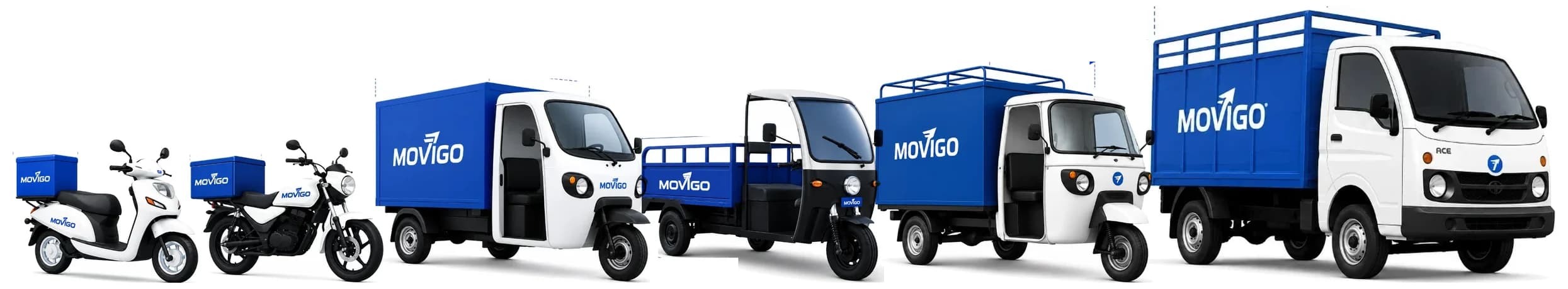 The six Movigo vehicle types: Scooter, Bike, Mini 3W, E Loader, 3 Wheeler and Tata Ace